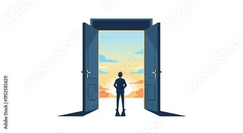 A man stands in front of wide-open doors, silhouetted against a vibrant sunrise or sunset landscape, symbolizing new opportunities.