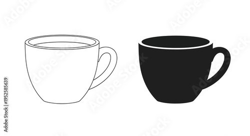 A simple illustration depicts two ceramic mugs one white with outlines and one solid black side by side