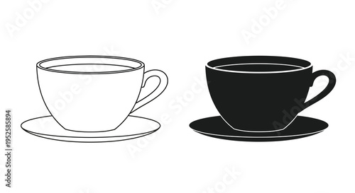 A minimalist black and white illustration depicts two teacups with saucers one outlined and one solid high quality professional detailed modern