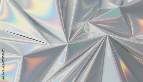 A vector illustration of crumpled aluminum foil with clear geometric folds that shimmer with all the colors of the light spectrum.