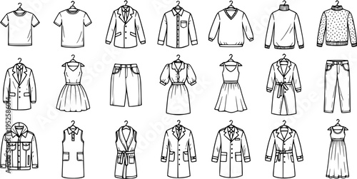 Fashion Clothing Line Art Collection. Hand-drawn Black and White Apparel Icons for Retail, Shopping, and Garment Design.