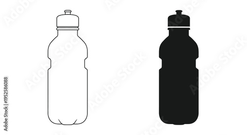 A simple illustration depicts two water bottles one white with black outlines and another solid black side by side high quality