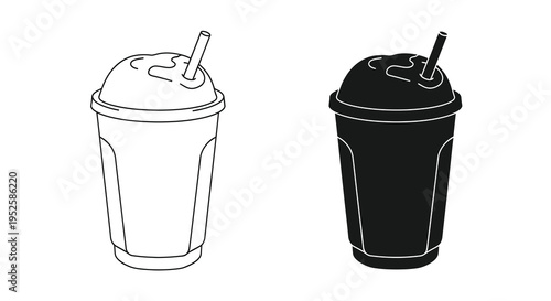 Two black and white depictions of disposable plastic cups with lids and straws are shown side by side high quality professional detailed modern