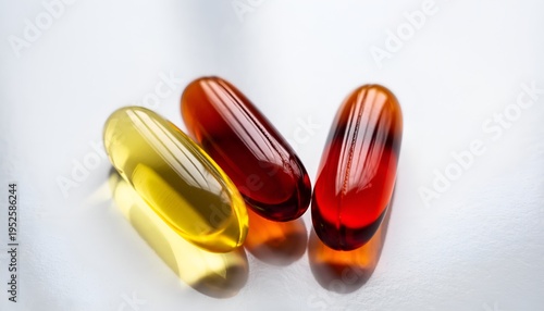 Three shiny gel capsules containing dietary supplement oil on bright surface