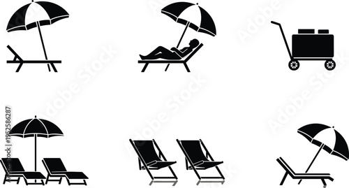 Beach chair and umbrella silhouette set with summer resort relaxation icons, vacation lounge furniture vector illustration isolated on white background