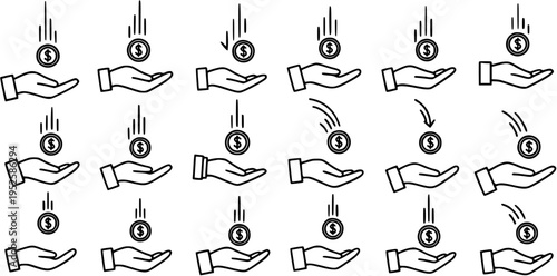 Black and White Line Art of Falling Coins into Open Hands, Finance Concept