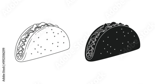 A black and white line drawing depicts two tacos one light and one dark showcasing a simple food illustration