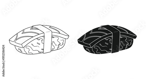 A minimalist black and white illustration depicts three pieces of sushi each secured with a nori strip high quality