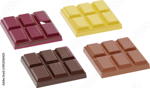 Chocolate bar illustration set with different candy flavors, sweet dessert squares collection, food vector isolated on white background