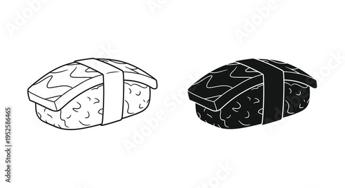 A simple black and white illustration showcases two pieces of nigiri sushi each with a band around it