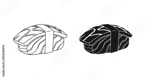 A minimalist black and white illustration depicts two pieces of nigiri sushi showcasing traditional japanese cuisine high quality professional detailed modern