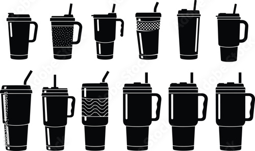 Collection of coffee cup silhouettes with lids and straws, takeaway drink mug icons set for cafe beverage branding, menu design and packaging
