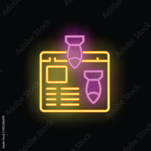 Neon icon of a website being attacked with bombs, representing the concept of cyber attacks