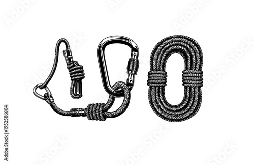 Heavy Duty Carabiner and Climbing Rope Silhouette, Industrial Utility Vector Sticker, Outdoor Adventure Engineering Illustration