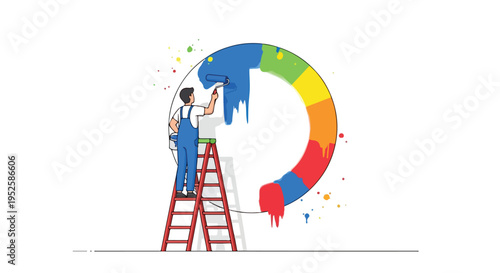 A vector illustration shows a person on a red ladder painting a large, partially colored circle with a roller, depicting a work-in-progress color wheel.