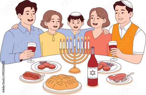 Happy Jewish family celebrating Hanukkah holiday dinner with Menorah, traditional food, wine, and festive candles
