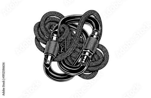 Heavy Duty Carabiner and Climbing Rope Silhouette, Industrial Utility Vector Sticker, Outdoor Adventure Engineering Illustration