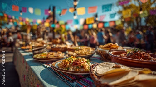 A vibrant fiesta scene with colorful decorations, an array of Mexican food dishes.
