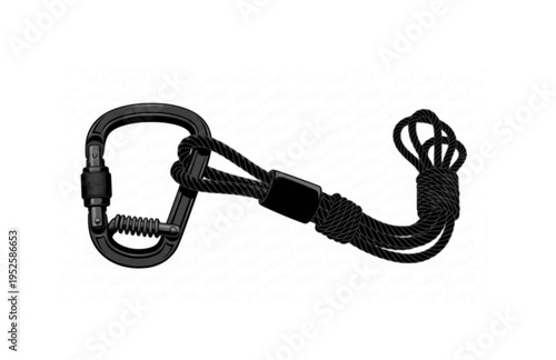 Heavy Duty Carabiner and Climbing Rope Silhouette, Industrial Utility Vector Sticker, Outdoor Adventure Engineering Illustration