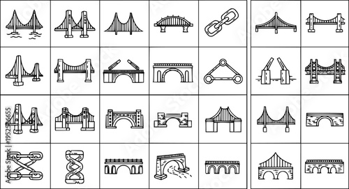 Black and White Line Art Icons of Various Bridge Types for Construction and Architecture