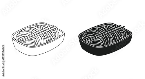 Two minimalist black and white line drawings depict a bowl of ramen noodles with chopsticks showcasing varying shades high quality professional