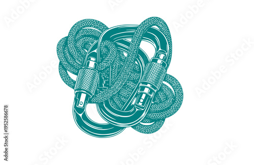 Heavy Duty Carabiner and Climbing Rope Silhouette, Industrial Utility Vector Sticker, Outdoor Adventure Engineering Illustration