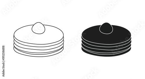 A minimalist illustration depicts stacks of pancakes with a dollop of butter on top shown in both outline and solid black styles
