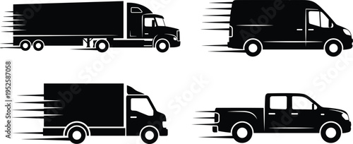 Fast delivery vehicle silhouettes set including cargo truck, van and pickup with speed motion lines for logistics, shipping and transport design