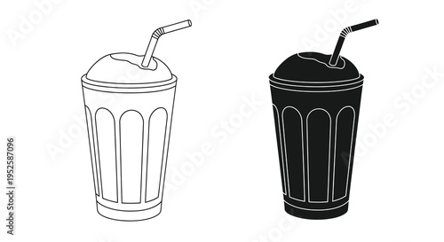 A black and white line drawing depicts two plastic cups filled with liquid each featuring a straw high quality