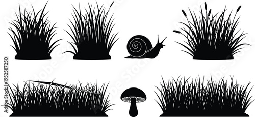 Grass, reeds, snail and mushroom silhouettes collection, natural garden elements vector set for landscape design, ecology illustration, wildlife habitat decoration
