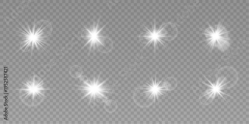 Set of white sparkling stars with radiant glow and soft lens flare. Bright stars create elegant magical effect. Ideal for digital art, game UI, or festive designs.
