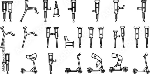 Black and White Line Art Collection of Medical Mobility Aids: Crutches, Scooters, and Chair