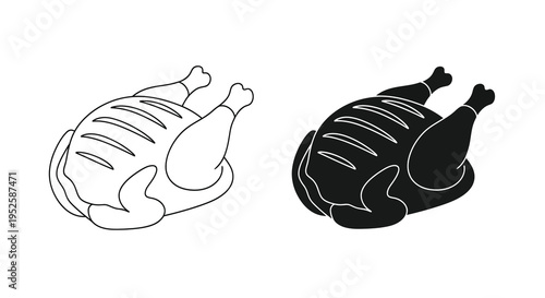 A simple black and white illustration depicts a roasted whole chicken in two contrasting variations high quality professional detailed modern elegant