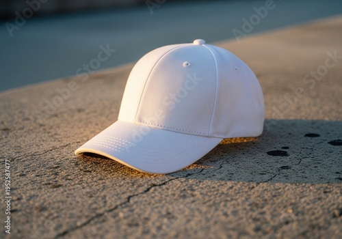 Minimalist white baseball cap resting on concrete surface in warm sunset light