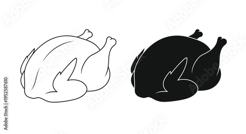 A simple black and white illustration depicts a whole roasted chicken in two contrasting views high quality professional detailed