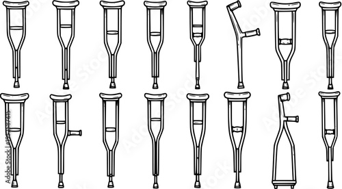 Black and White Line Art Illustration of Various Crutches