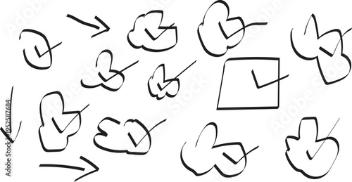 Collection of hand-drawn checkmarks and arrows in various abstract shapes and forms, representing completion and direction