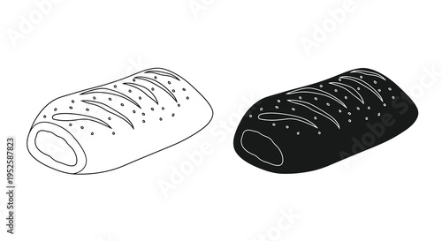 A black and white illustration depicts two elongated pastries possibly danishes with decorative scoring on top high quality professional detailed modern