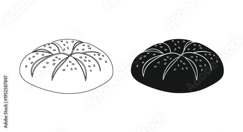 A detailed black and white illustration showcases two round breads one light and one dark with scored patterns high quality professional