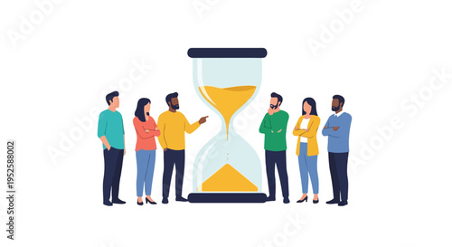 A diverse group of six people thoughtfully observes a large hourglass, with one man pointing, representing discussions about time management, deadlines, or the passage of time.