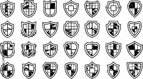 Collection of shields, emblems, crests, coat of arms icons - Black and white line art for security, protection, heraldry