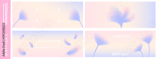 Gentle blur flower on soft pastel gradient backgrounds with naive graphic set. Aura y2k floral tulip in pink and blue with peony petal for banner. Dreamy botanical vector templates for presentation.