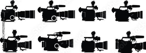 Professional video camera silhouette set, broadcast camcorder icons collection, filmmaking equipment vector, media production and videography symbol illustration pack