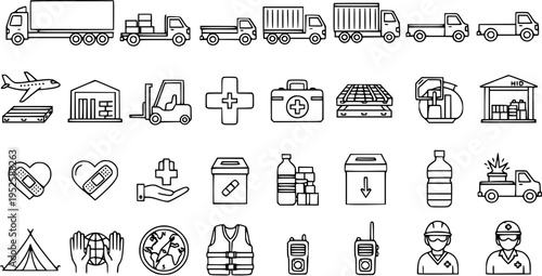 Black and White Line Art Icons for Logistics and Aid: Trucks, Airplane, Warehouse, Forklift, First Aid, Tent, Water, Workers