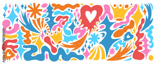 Colorful and playful organic geometric cutout shapes and element with fun amoeba blobs. Liquid forms, star asterisk and heart, arrow with crown, twinkles. Abstract figure and playful hand drawn set.