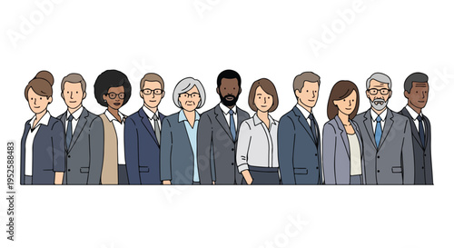 A diverse group of eleven smiling business professionals, comprising men and women of various ages and ethnicities, stands in a neat row against a white background.