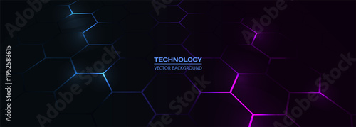 Dark hexagon abstract technology background with blue and pink colored bright flashes under hexagon. Hexagonal gaming vector abstract tech background.