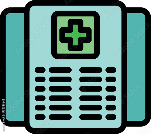 Medical report icon conveying vital healthcare data, featuring a prominent green cross symbol, emphasizing health information access and patient care