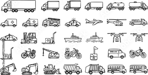Black and White Line Art Icons of Various Vehicles and Transportation Modes for Logistics and Delivery