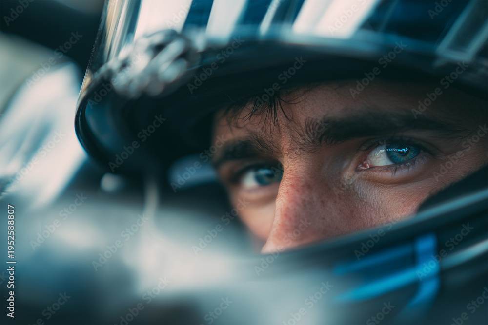Fototapeta premium Confident Racing Driver Looking at Camera While Waiting in Formula One Car, Motorsport Portrait Concept